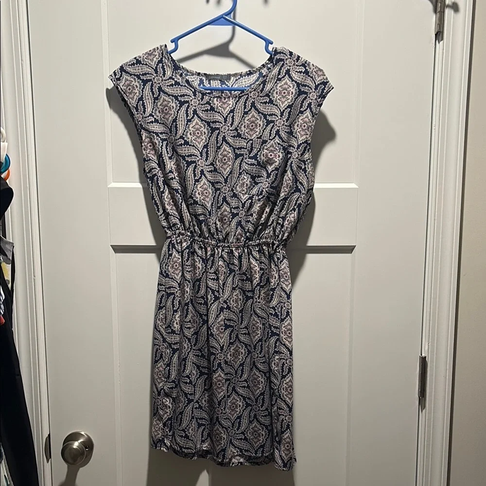 Casual Navy and Cream Paisley Elastic-Waist Dress